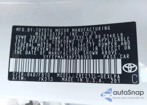 2022 Toyota Corolla Le из США, поврежденный, VIN 5YFEPMAEXNP298900